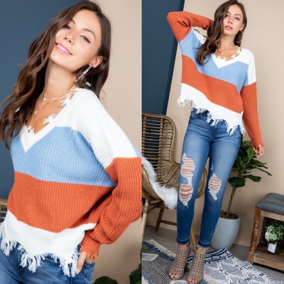 Last1️⃣Stripe Color Block Sweater Cozy Loose Top - Picture 4 of 5
